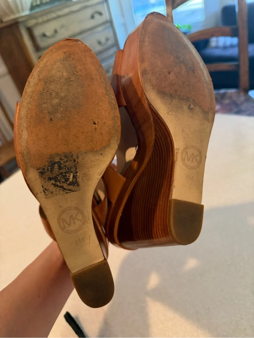 Michael Kors Cognac Leather Cutout Wedge Sandals with Gold Buckle